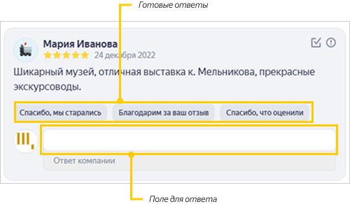 Поле официального ответа под отзывом в Яндекс Бизнесе