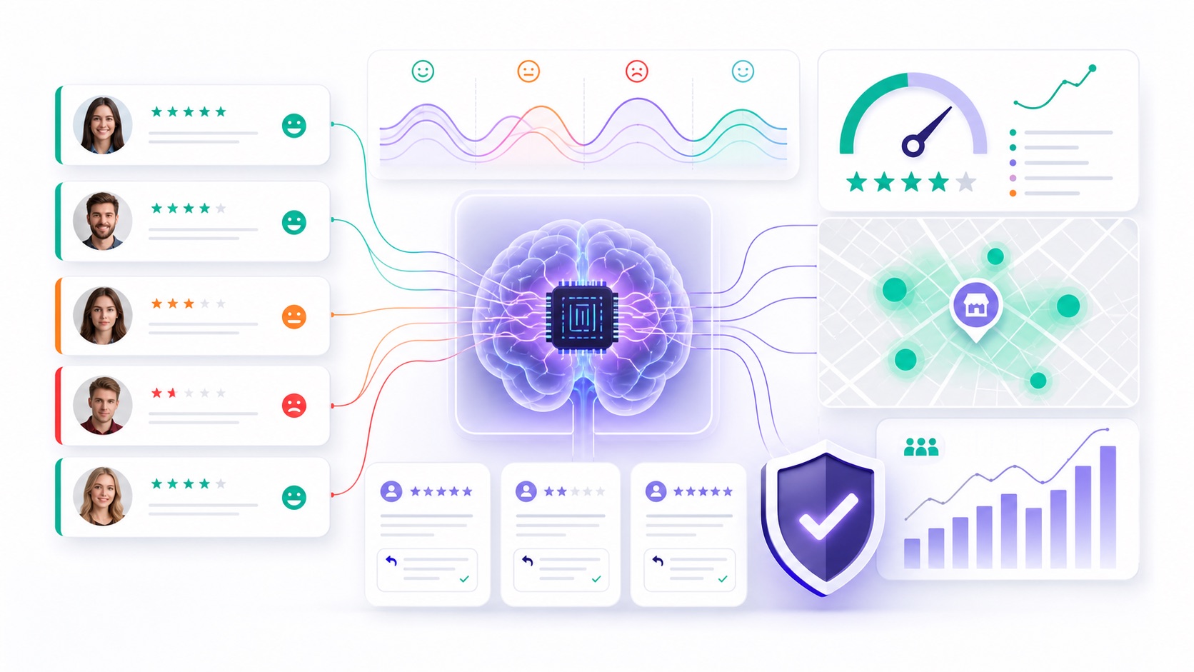 AI анализирует тональность, темы и регулярность отзывов для оценки локальной репутации