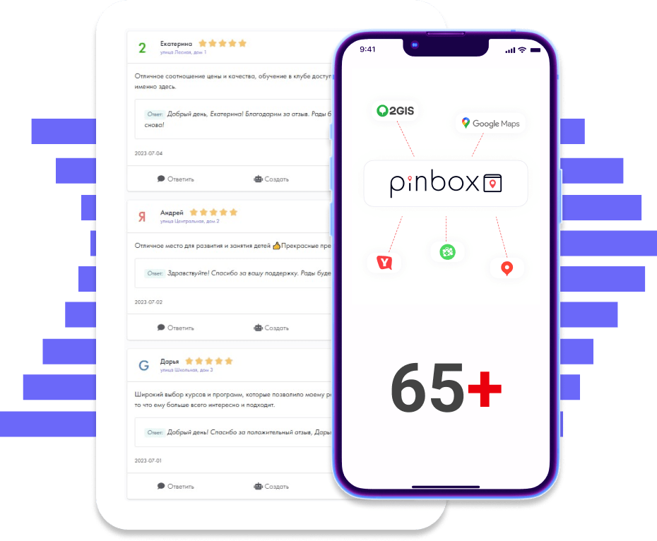 Pinbox работает с Яндекс Картами и еще 65+ разными площадками, где клиенты ищут ваш бизнес